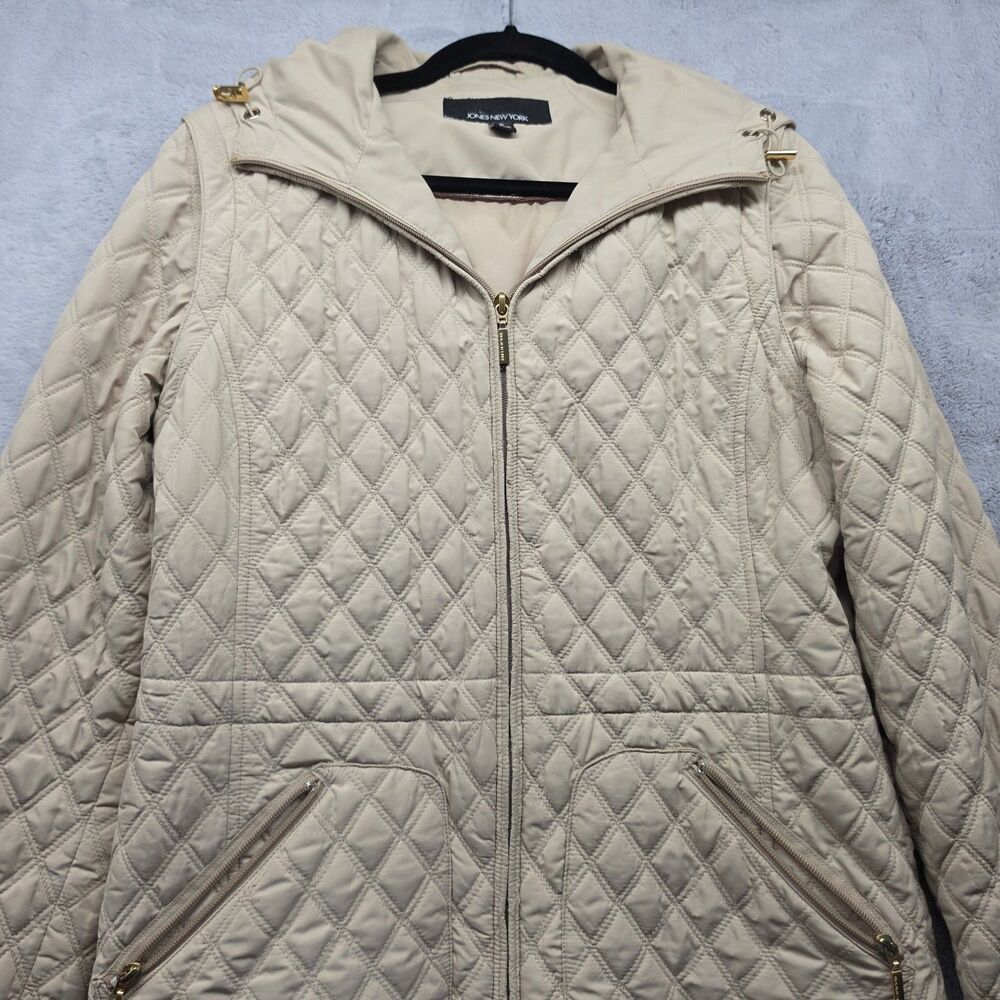 Jones New York Women's M Quilted Hooded Jacket Beige Full Zip Gold Hardware